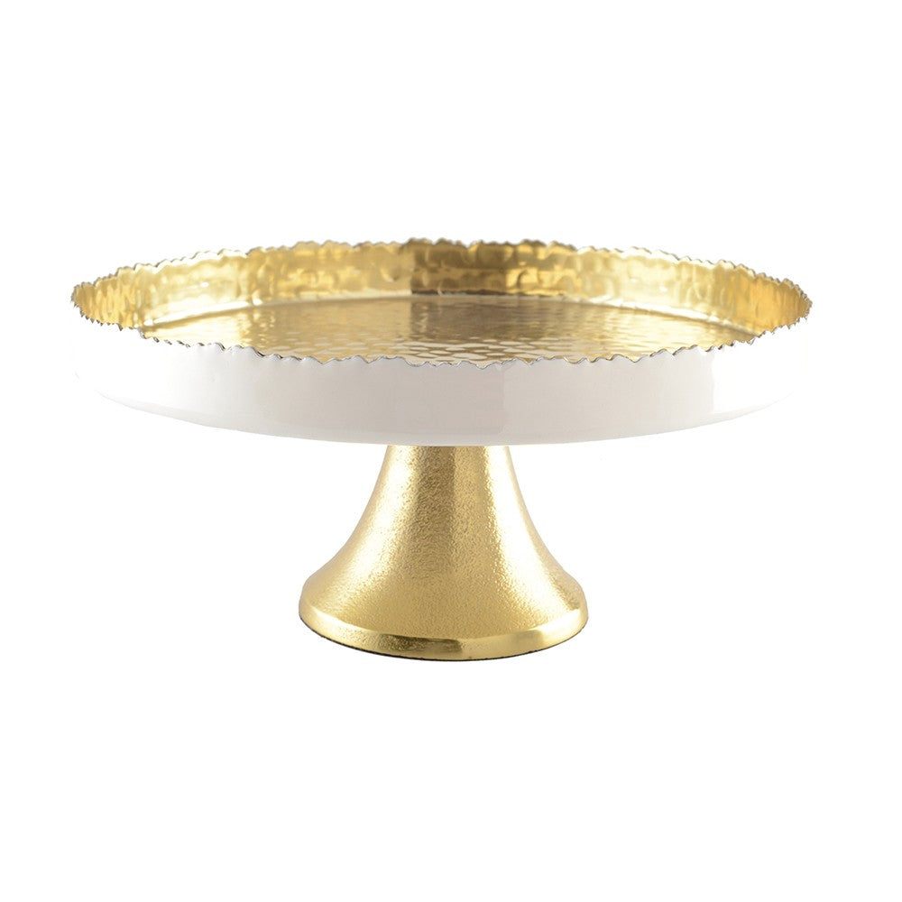 WHITE AND GOLD HAMMERED ROUND TRAY WITH STAND.