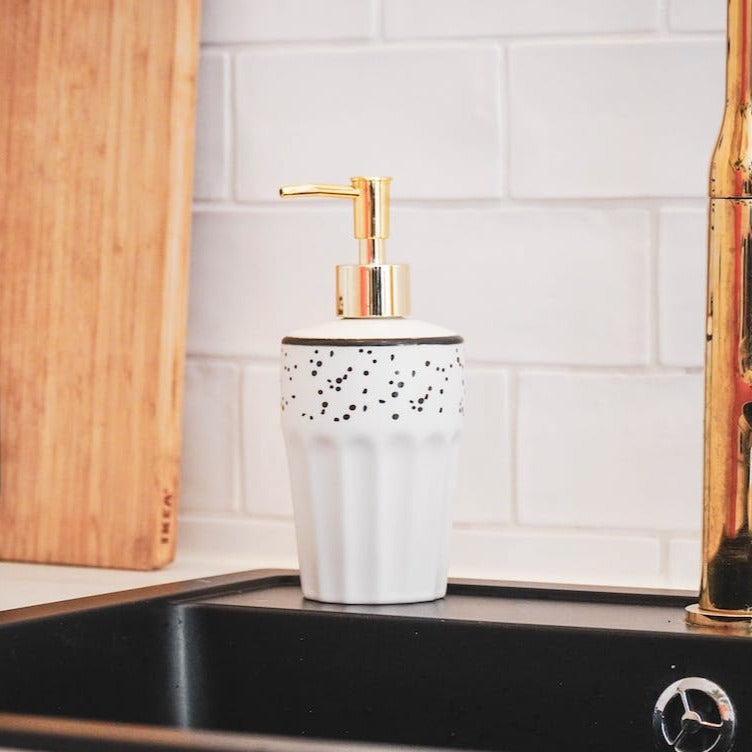HV White/ Golden Soap dispenser- dots- 8x18 cm -  luxware-uk.myshopify.com