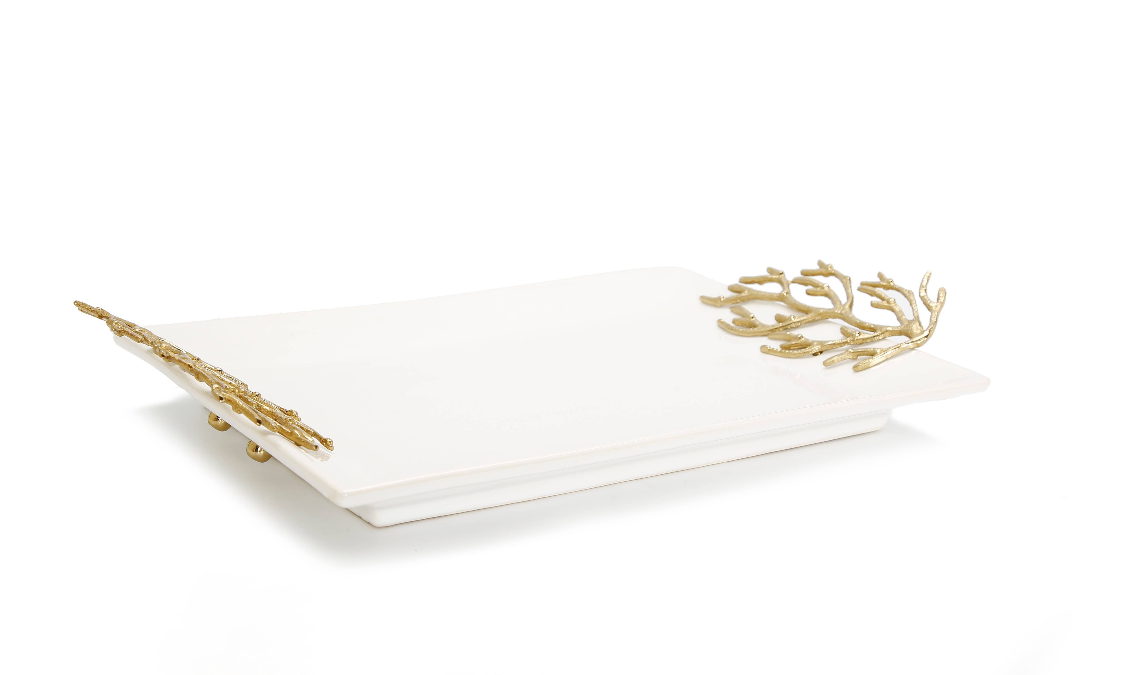 Luxury White Ceramic Tray with Gold Coral Design Handles 44.5cm -  luxware-uk.myshopify.com